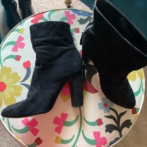 Black suede ankle boots, exposed zipper detail